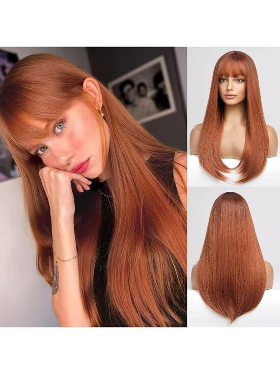 Women\'s Auburn Heat Resistant Long Curly Wavy Synthetic Wig with Bangs Size 26In main image 3